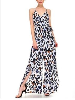 TCEC White Leopard-Print Spaghetti Strap Wide-Leg Jumpsuit bonus necklace